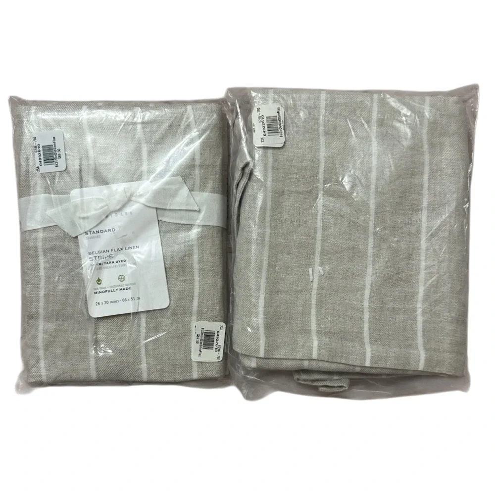 Pottery Barn Belgian Flax Linen Beige and White Striped Standard Pillow Sham Set